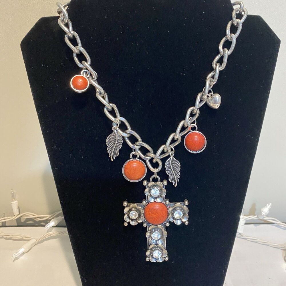 Cross And Charms Necklace Chunky Orange/redish Silver Chain